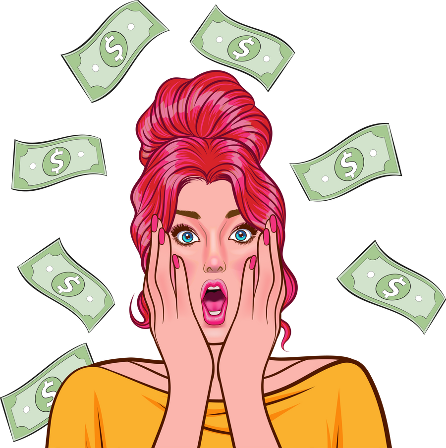 surprise shocking woman with Money Pop art retro comic style